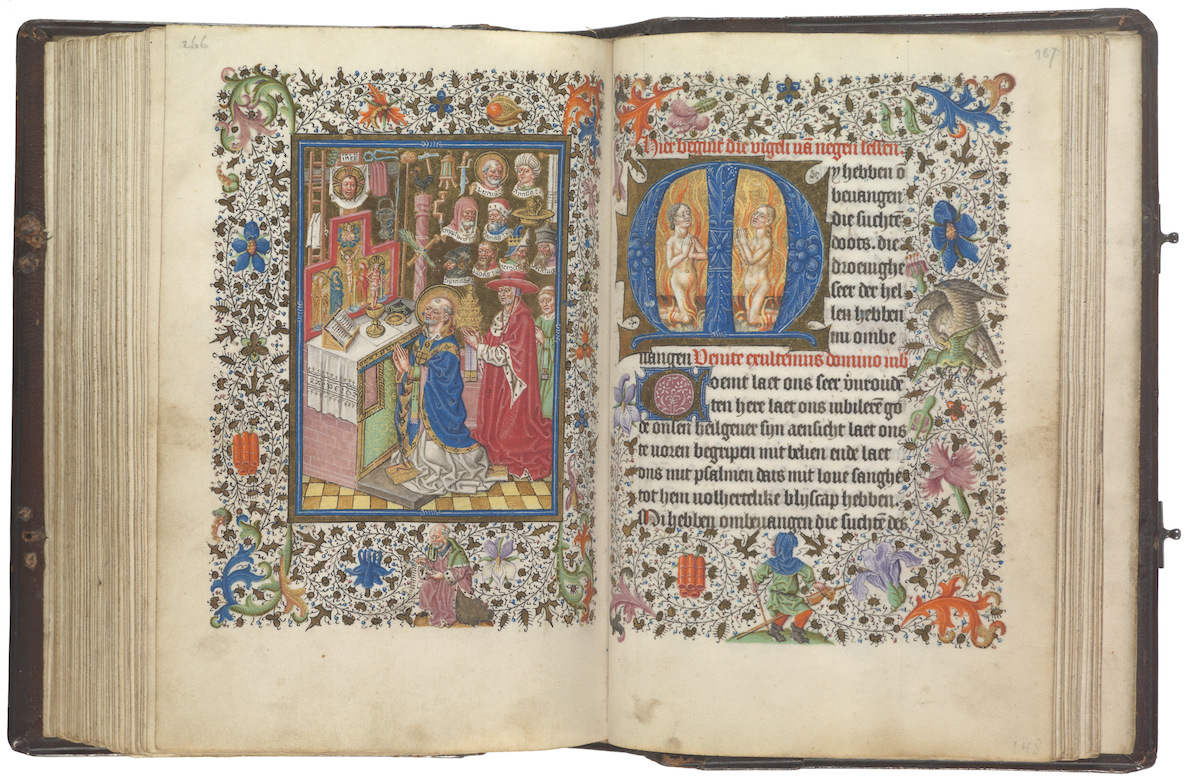 Getijdenboek, vermoedelijk gemaakt voor iemand uit de familie van Lochorst, met geschilderde voorstellingen en margeversieringen door de Meester van Katherina van Kleef. Utrecht, ca. 1460 (Den Haag, Huis van het boek, Ms. MMW 10 F 50, ff. 147v-148r)